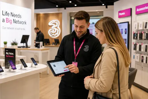 Three UK retail associate using a tablet to support mobile assisted selling with a customer in a modern telecom store