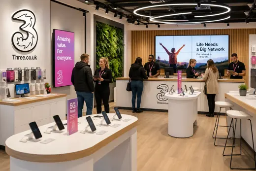 Modern Three UK retail environment illustrating enterprise store modernization supported by MTPOS